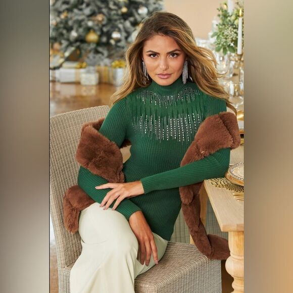Boston Proper Embellished Illusion Mock Neck Sweater Size XXS - Picture 1 of 14